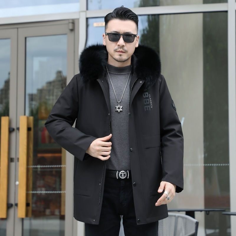 Pardă bărbătească din blană naturală, cu căptușeală din blană de vulpe, cu glugă, lungime medie, croială lejeră