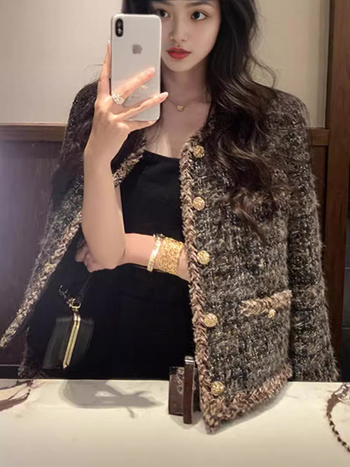 Palton din lână tweed pentru femei, lungime scurtă, croială lejeră, imprimeu în culori mixte, închidere cu nasturi simple