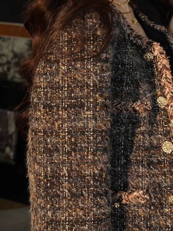 Palton din lână tweed pentru femei, lungime scurtă, croială lejeră, imprimeu în culori mixte, închidere cu nasturi simple