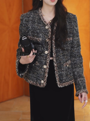 Palton din lână tweed pentru femei, lungime scurtă, croială lejeră, imprimeu în culori mixte, închidere cu nasturi simple