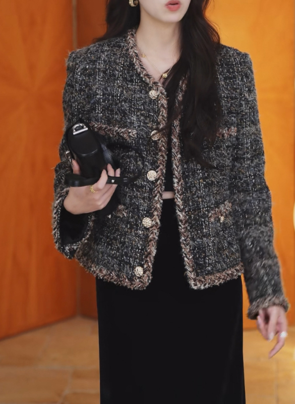 Palton din lână tweed pentru femei, lungime scurtă, croială lejeră, imprimeu în culori mixte, închidere cu nasturi simple