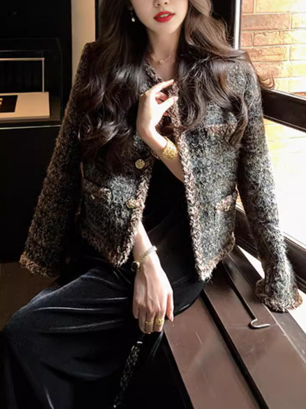 Palton din lână tweed pentru femei, lungime scurtă, croială lejeră, imprimeu în culori mixte, închidere cu nasturi simple