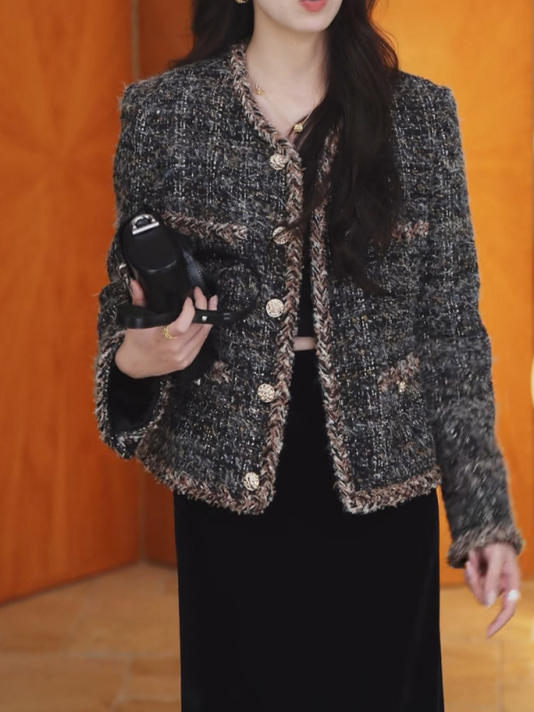 Palton din lână tweed pentru femei, lungime scurtă, croială lejeră, imprimeu în culori mixte, închidere cu nasturi simple