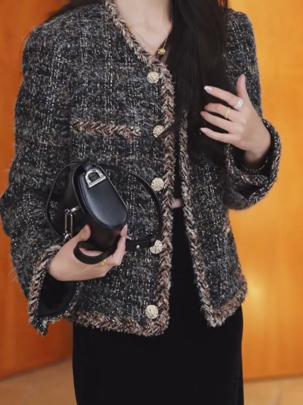 Palton din lână tweed pentru femei, lungime scurtă, croială lejeră, imprimeu în culori mixte, închidere cu nasturi simple