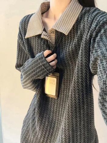 Polo majica s dugim rukavima, slobodan kroj, paneli s kombinacijom uzoraka riblja kost i houndstooth, poliester, bez glačanja (jesen)