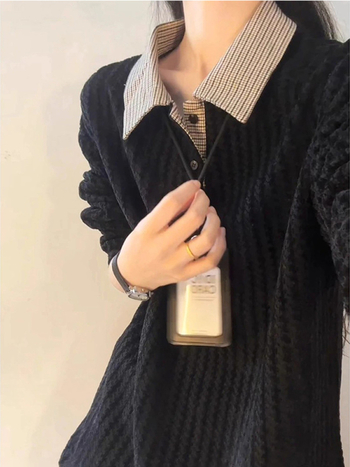 Polo majica s dugim rukavima, slobodan kroj, paneli s kombinacijom uzoraka riblja kost i houndstooth, poliester, bez glačanja (jesen)