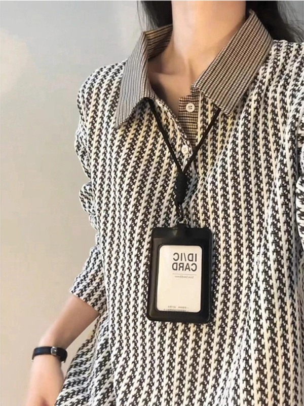 Polo majica s dugim rukavima, slobodan kroj, paneli s kombinacijom uzoraka riblja kost i houndstooth, poliester, bez glačanja (jesen)