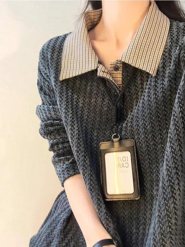 Polo majica s dugim rukavima, slobodan kroj, paneli s kombinacijom uzoraka riblja kost i houndstooth, poliester, bez glačanja (jesen)