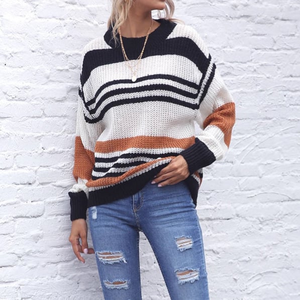 Prugasti akrilni pulover, okruglog izreza, dugi rukavi, obične dužine, ležerni gradski stil