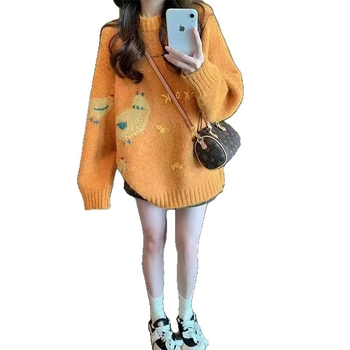 Ženski pleteni džemper s kapuljom u korejskom stilu, žuta jacquard karikatura uzorak, slobodan kroj, dugi rukavi Raglan, okrugli izrez, zimska moda, materijal poliester-elastan