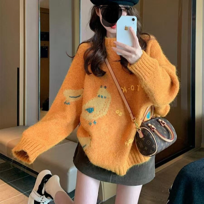 Ženski pleteni džemper s kapuljom u korejskom stilu, žuta jacquard karikatura uzorak, slobodan kroj, dugi rukavi Raglan, okrugli izrez, zimska moda, materijal poliester-elastan