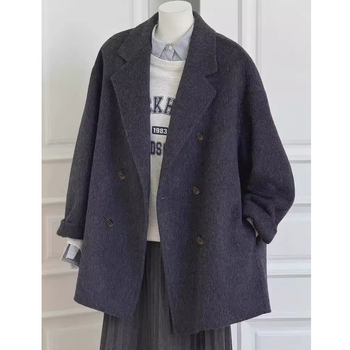 Ženski dvostrano kašmir kaput, Hepburn stil, srednja duljina, dvostruko kopčanje, dugi rukavi