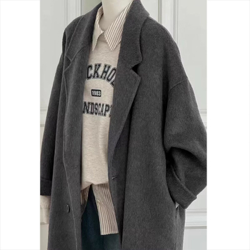 Ženski dvostrano kašmir kaput, Hepburn stil, srednja duljina, dvostruko kopčanje, dugi rukavi