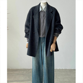 Ženski dvostrano kašmir kaput, Hepburn stil, srednja duljina, dvostruko kopčanje, dugi rukavi