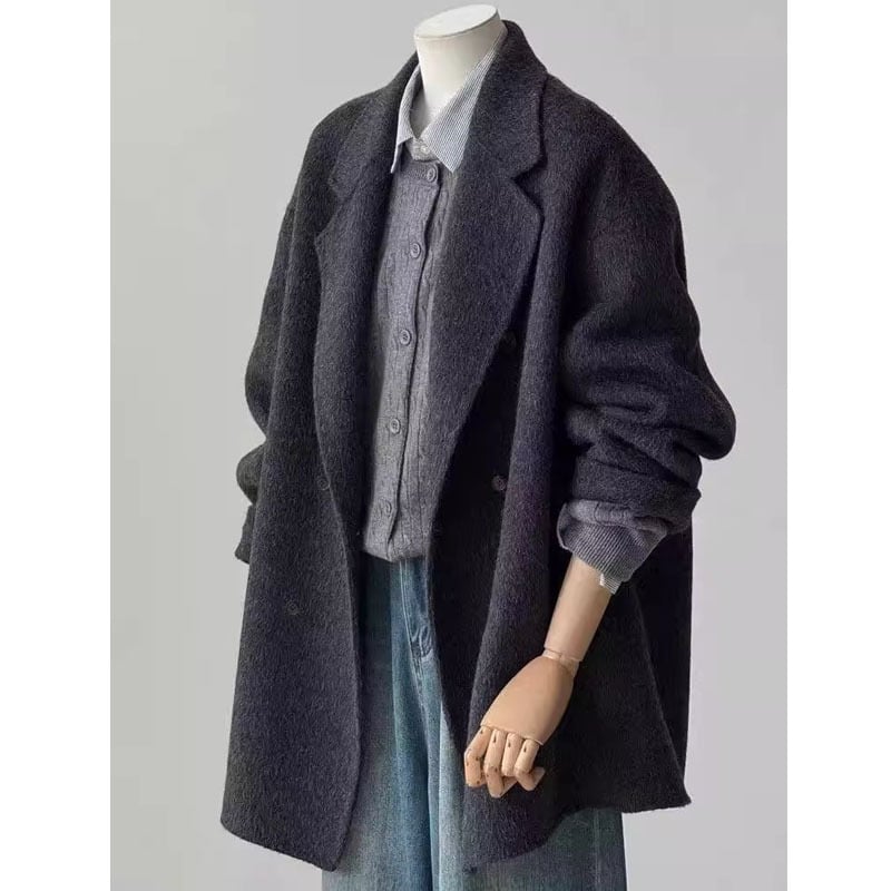 Ženski dvostrano kašmir kaput, Hepburn stil, srednja duljina, dvostruko kopčanje, dugi rukavi
