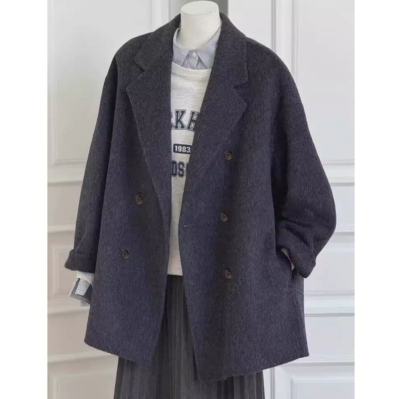 Ženski dvostrano kašmir kaput, Hepburn stil, srednja duljina, dvostruko kopčanje, dugi rukavi