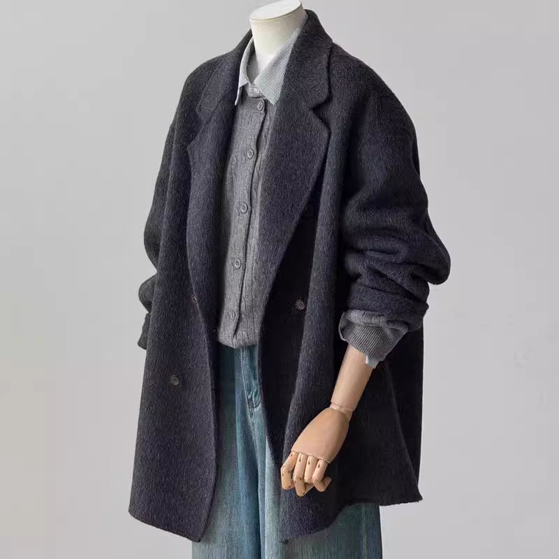 Ženski dvostrano kašmir kaput, Hepburn stil, srednja duljina, dvostruko kopčanje, dugi rukavi