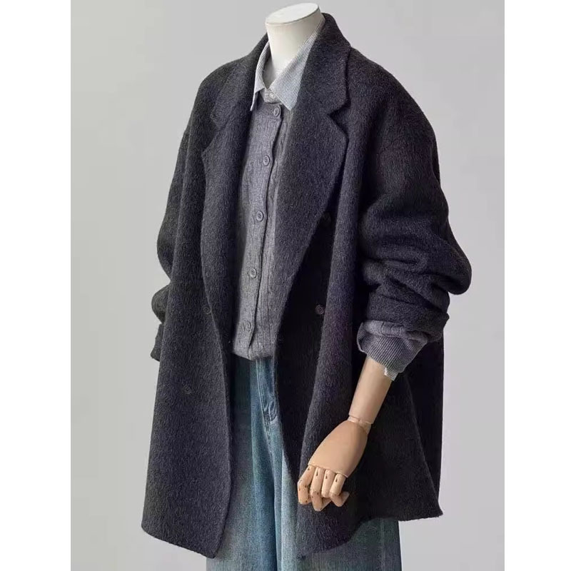 Ženski dvostrano kašmir kaput, Hepburn stil, srednja duljina, dvostruko kopčanje, dugi rukavi
