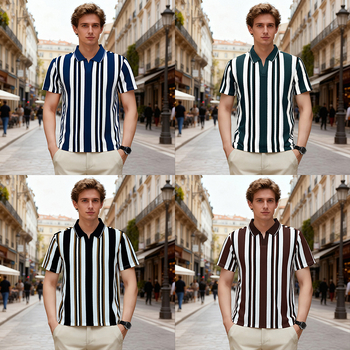 Поло риза с райета, къс ръкав, свободна кройка, плетен полиестер