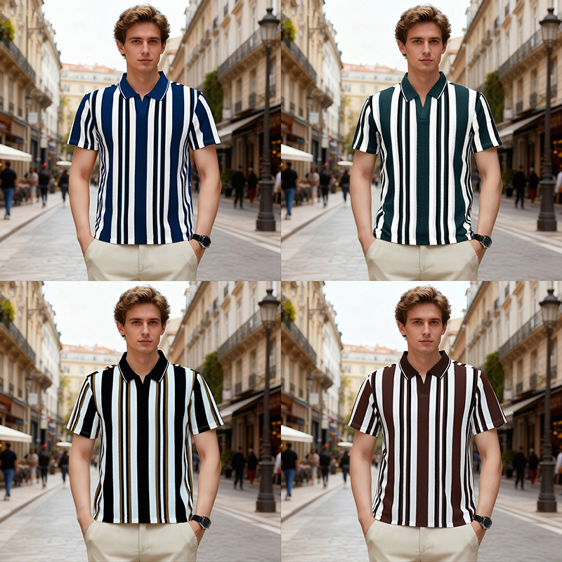 Поло риза с райета, къс ръкав, свободна кройка, плетен полиестер