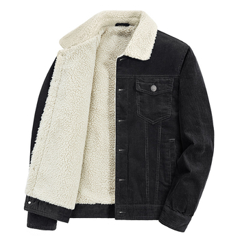 Muška zimska jakna Harajuku stila, s fleece podstavom, vanjski corduroy, izolacija od cotton-padded, jednostruko zakopčavanje, višestruki džepovi