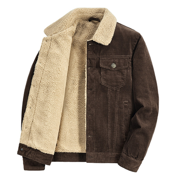 Muška zimska jakna Harajuku stila, s fleece podstavom, vanjski corduroy, izolacija od cotton-padded, jednostruko zakopčavanje, višestruki džepovi