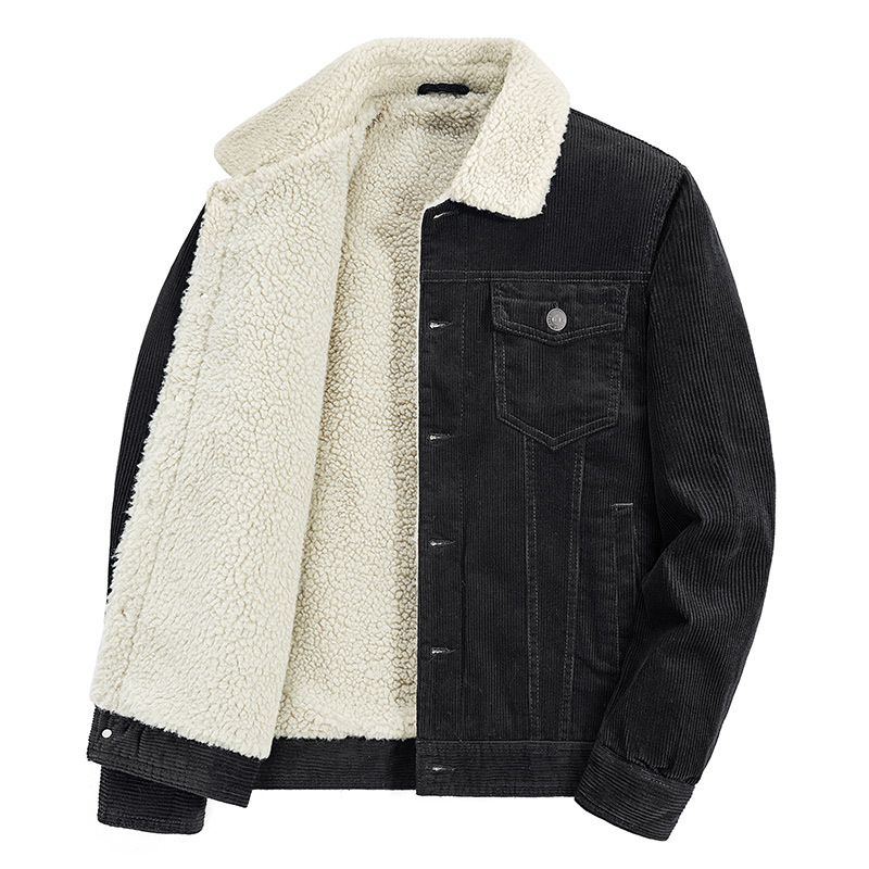 Muška zimska jakna Harajuku stila, s fleece podstavom, vanjski corduroy, izolacija od cotton-padded, jednostruko zakopčavanje, višestruki džepovi
