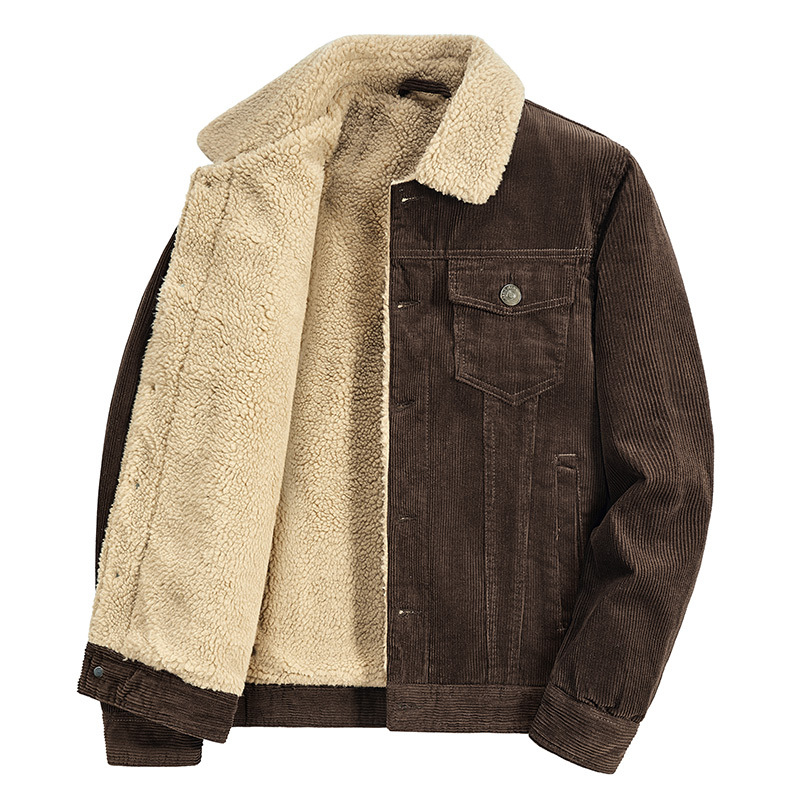 Muška zimska jakna Harajuku stila, s fleece podstavom, vanjski corduroy, izolacija od cotton-padded, jednostruko zakopčavanje, višestruki džepovi