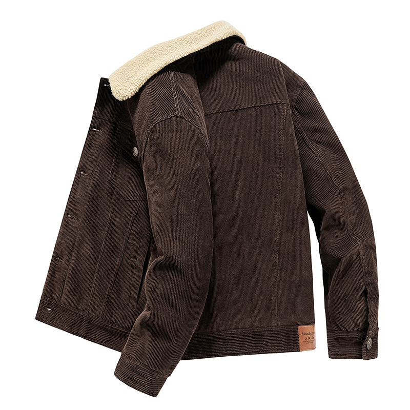 Muška zimska jakna Harajuku stila, s fleece podstavom, vanjski corduroy, izolacija od cotton-padded, jednostruko zakopčavanje, višestruki džepovi