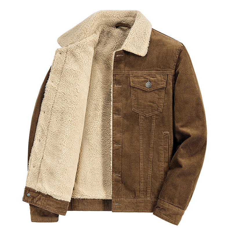 Muška zimska jakna Harajuku stila, s fleece podstavom, vanjski corduroy, izolacija od cotton-padded, jednostruko zakopčavanje, višestruki džepovi