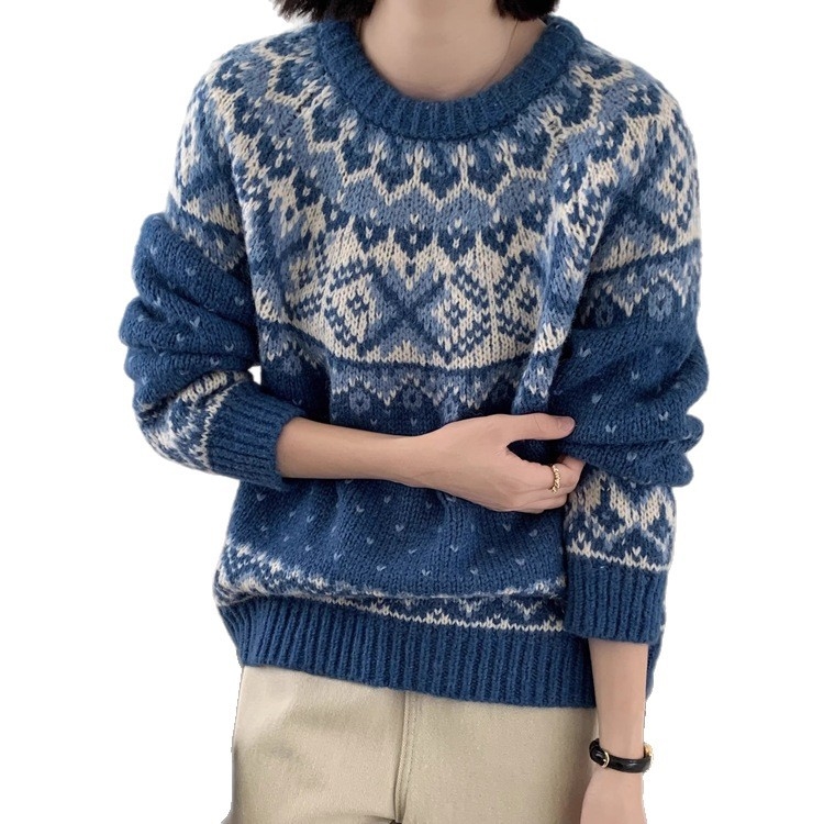 Ženski debeli poliester džemper s retro Fair Isle džakard uzorkom, okrugli izrez, dugi rukavi, jesen-zima 2025