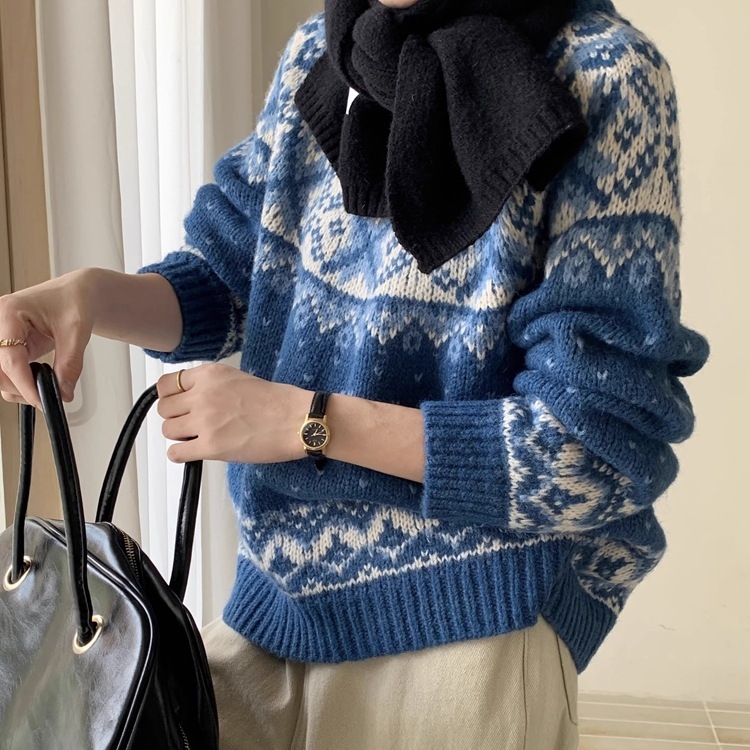 Ženski debeli poliester džemper s retro Fair Isle džakard uzorkom, okrugli izrez, dugi rukavi, jesen-zima 2025