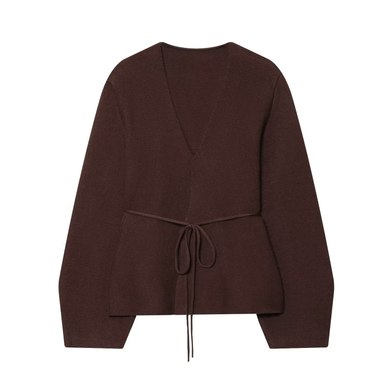 Pleten kardigan s kaišem, poliester, jednobojna boja, dugi rukavi, okrugli izrez, duljina 50–65 cm, gradski stil