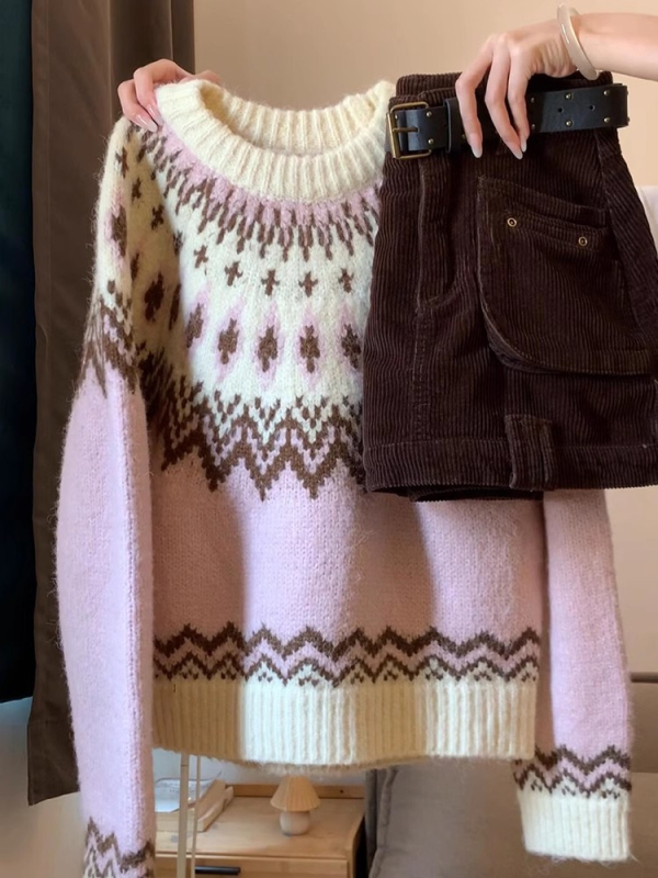 Ženski pulover s okruglim izrezom i korejskim stilom, Fair Isle uzorak, debeli poliesterski materijal, dugi rukavi, Zima 2024