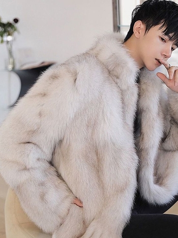 Ανδρικό παλτό από τεχνητή γούνα αλεπούς, μεσαίου μήκους, χαλαρή γραμμή, σταθερή γιακά, μονόμπροδο κούμπωμα