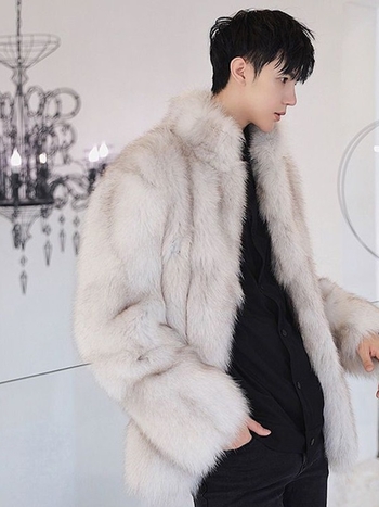 Ανδρικό παλτό από τεχνητή γούνα αλεπούς, μεσαίου μήκους, χαλαρή γραμμή, σταθερή γιακά, μονόμπροδο κούμπωμα