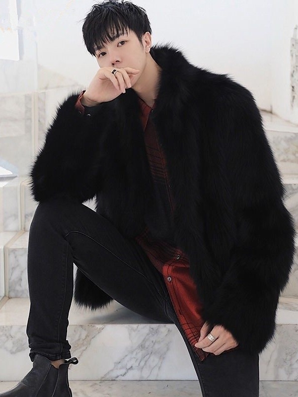 Ανδρικό παλτό από τεχνητή γούνα αλεπούς, μεσαίου μήκους, χαλαρή γραμμή, σταθερή γιακά, μονόμπροδο κούμπωμα