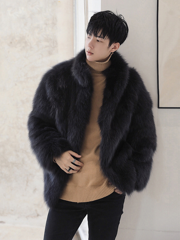 Ανδρικό παλτό από τεχνητή γούνα αλεπούς, μεσαίου μήκους, χαλαρή γραμμή, σταθερή γιακά, μονόμπροδο κούμπωμα