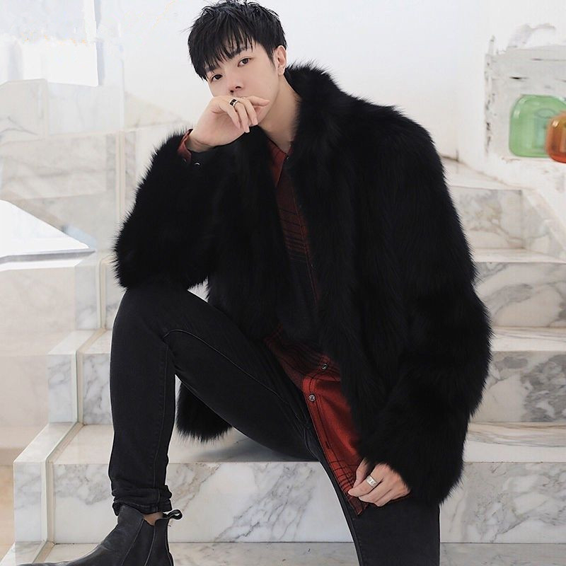 Ανδρικό παλτό από τεχνητή γούνα αλεπούς, μεσαίου μήκους, χαλαρή γραμμή, σταθερή γιακά, μονόμπροδο κούμπωμα