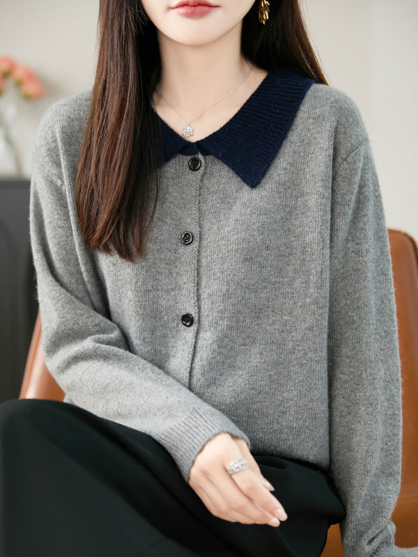 Ženski pleteni kardigan s lapel ovratnikom, kratki kroj, duge rukave, slobodan kroj, srednja gustoća, 80–90% akril