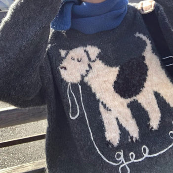 Pulover tricotat pentru toamnă-iarnă cu model cu câine, guler polo, mâneci stil prințesă, amestec poliester, ice silk și spandex