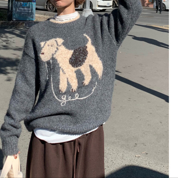 Pulover tricotat pentru toamnă-iarnă cu model cu câine, guler polo, mâneci stil prințesă, amestec poliester, ice silk și spandex