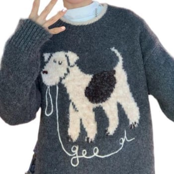 Pulover tricotat pentru toamnă-iarnă cu model cu câine, guler polo, mâneci stil prințesă, amestec poliester, ice silk și spandex