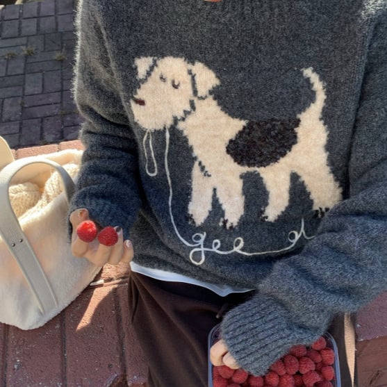 Pulover tricotat pentru toamnă-iarnă cu model cu câine, guler polo, mâneci stil prințesă, amestec poliester, ice silk și spandex