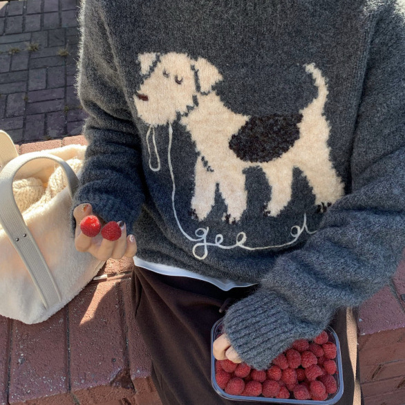 Pulover tricotat pentru toamnă-iarnă cu model cu câine, guler polo, mâneci stil prințesă, amestec poliester, ice silk și spandex