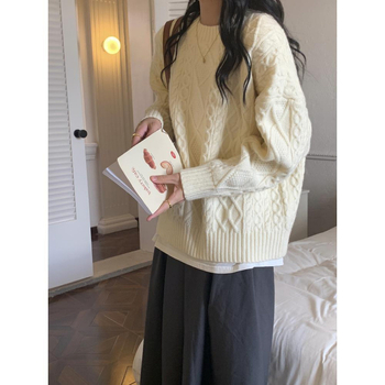 Pulover tricotat din acrilic, stil retro, guler rotund, mâneci lungi, croială dreaptă