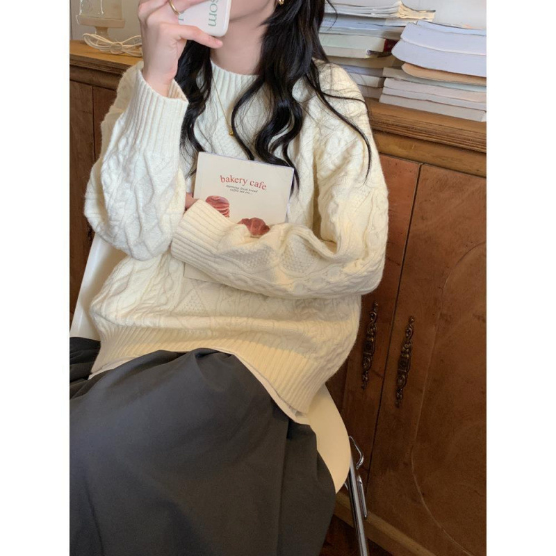 Pulover tricotat din acrilic, stil retro, guler rotund, mâneci lungi, croială dreaptă