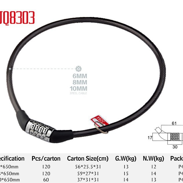Mini kabelska brava s lozinkom za kacige i bicikle – Model 8303-Q, Materijal: cinkov spoj PVC, Pogodna za kacige i bicikle