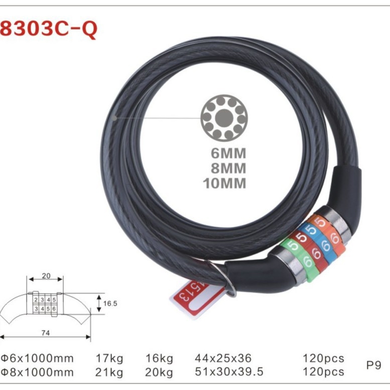 Mini kabelska brava s lozinkom za kacige i bicikle – Model 8303-Q, Materijal: cinkov spoj PVC, Pogodna za kacige i bicikle