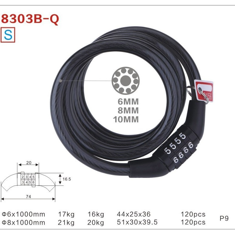 Mini kabelska brava s lozinkom za kacige i bicikle – Model 8303-Q, Materijal: cinkov spoj PVC, Pogodna za kacige i bicikle